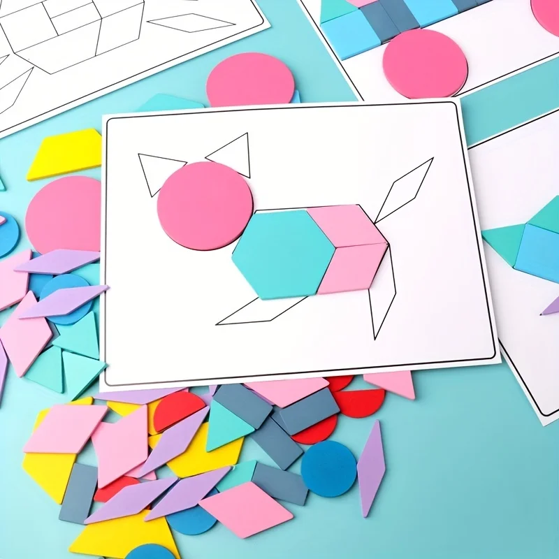 Nowy zestaw drewnianych tangramów Montessori, 180 elementów, gra edukacyjna do klasyfikacji kolorów i układania w stosy dla dzieci w wieku przedszkolnym, prezent do rozwijania umysłu.