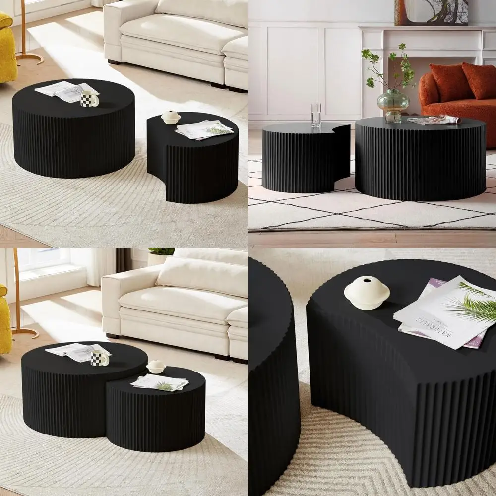 모던 블랙 네스팅 커피 테이블 듀오 - 거실 및 다이닝 공간을 위한 컴팩트한 원형 드럼 사이드 테이블