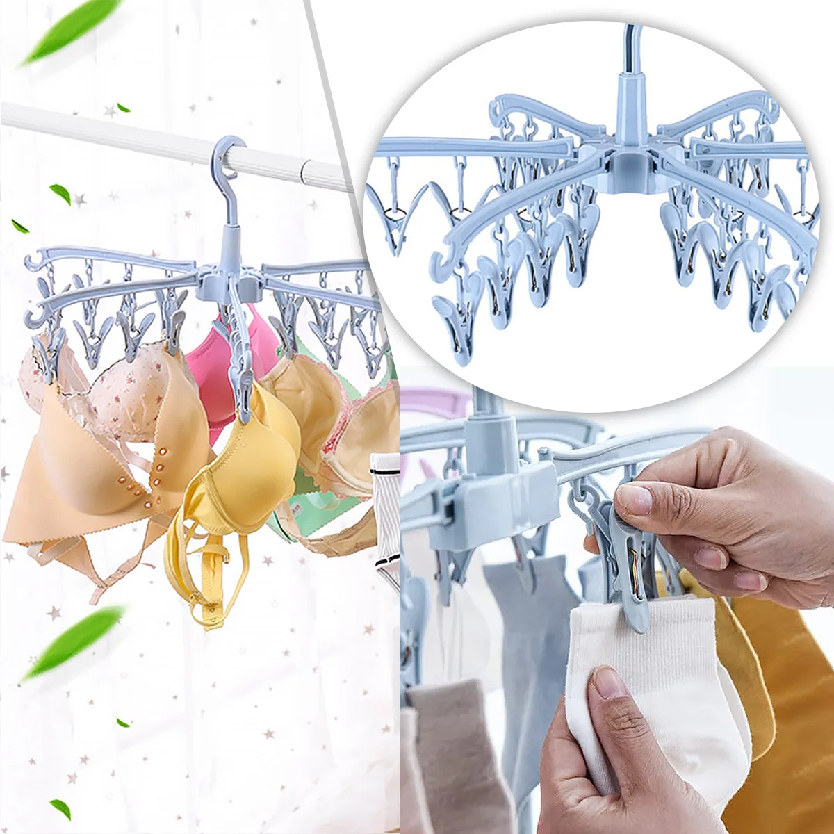 Sock Drying Rack Folding Laundry Clothes Hanger 24 Clips Plastic Rotatable Dryer Clothes Drying Racks Organization for Underwear