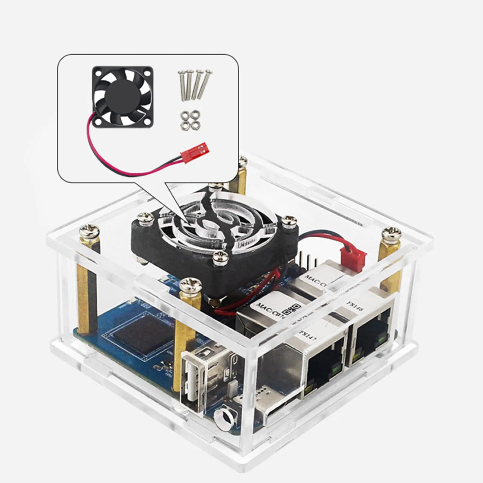 Acrylic Case Transparent Clear Box Protective Motherboard Shell With Cooling Fan DC Brushless For Orange Pi R1 Plus LTS