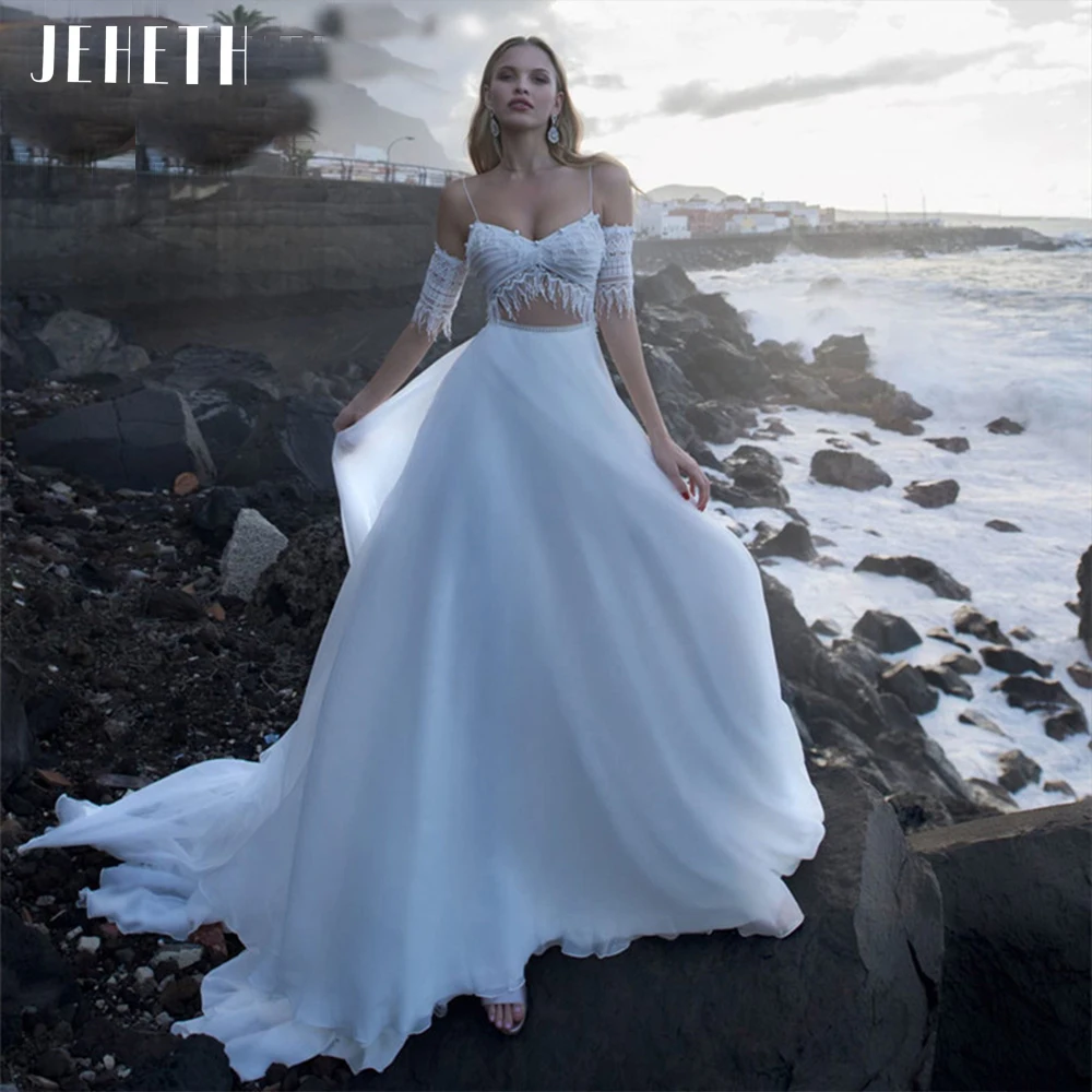 JEHETH Zwei Stück Perlen Spitze Appliques Quaste Boho Hochzeit Kleid Strand Sexy V-ausschnitt Open Back EINE Linie Brautkleid robe de mariée