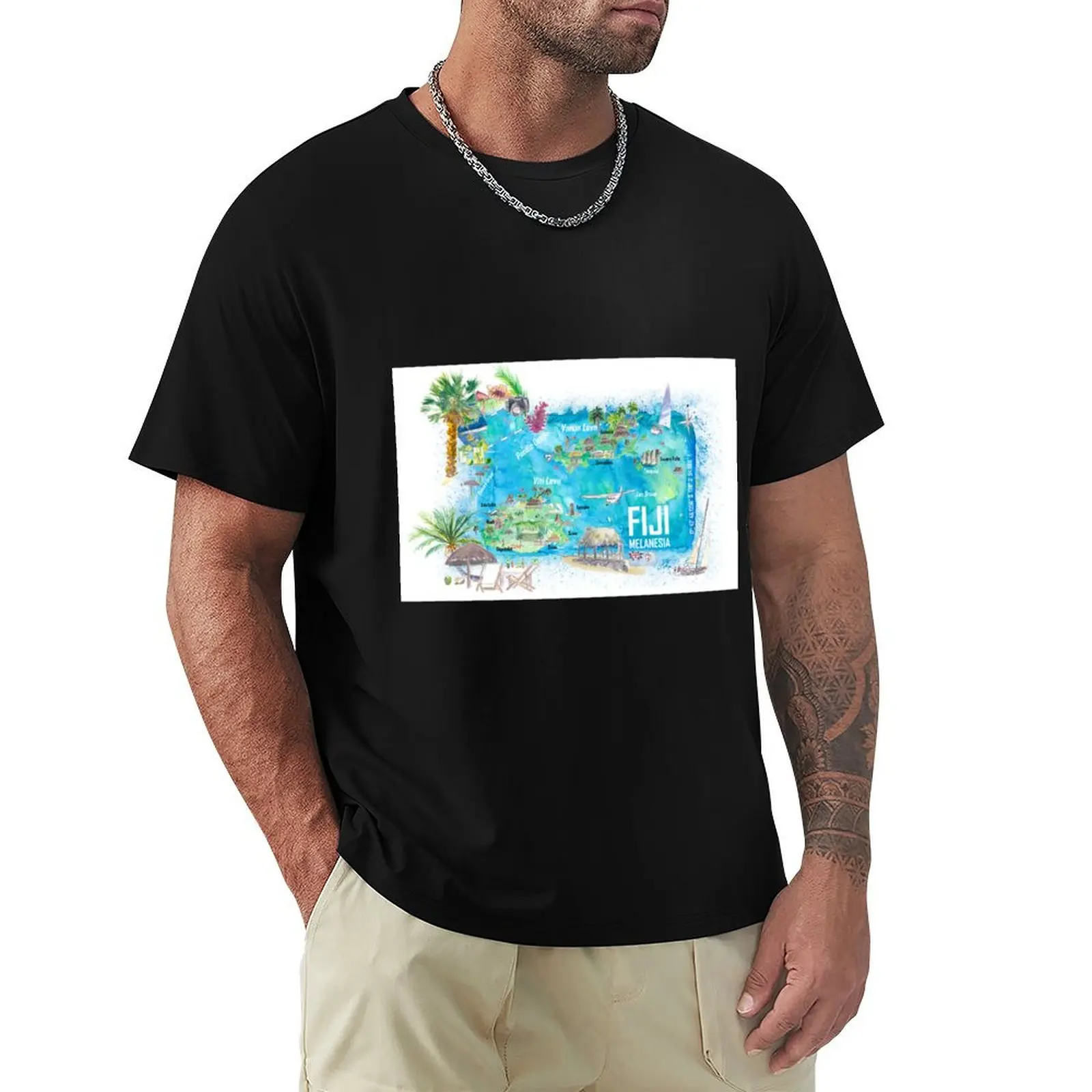 

Fiji Illustrated Polynesia Island Travel Map with Roads and Highlights T-Shirt Classic Graphic Short Sleeve Top