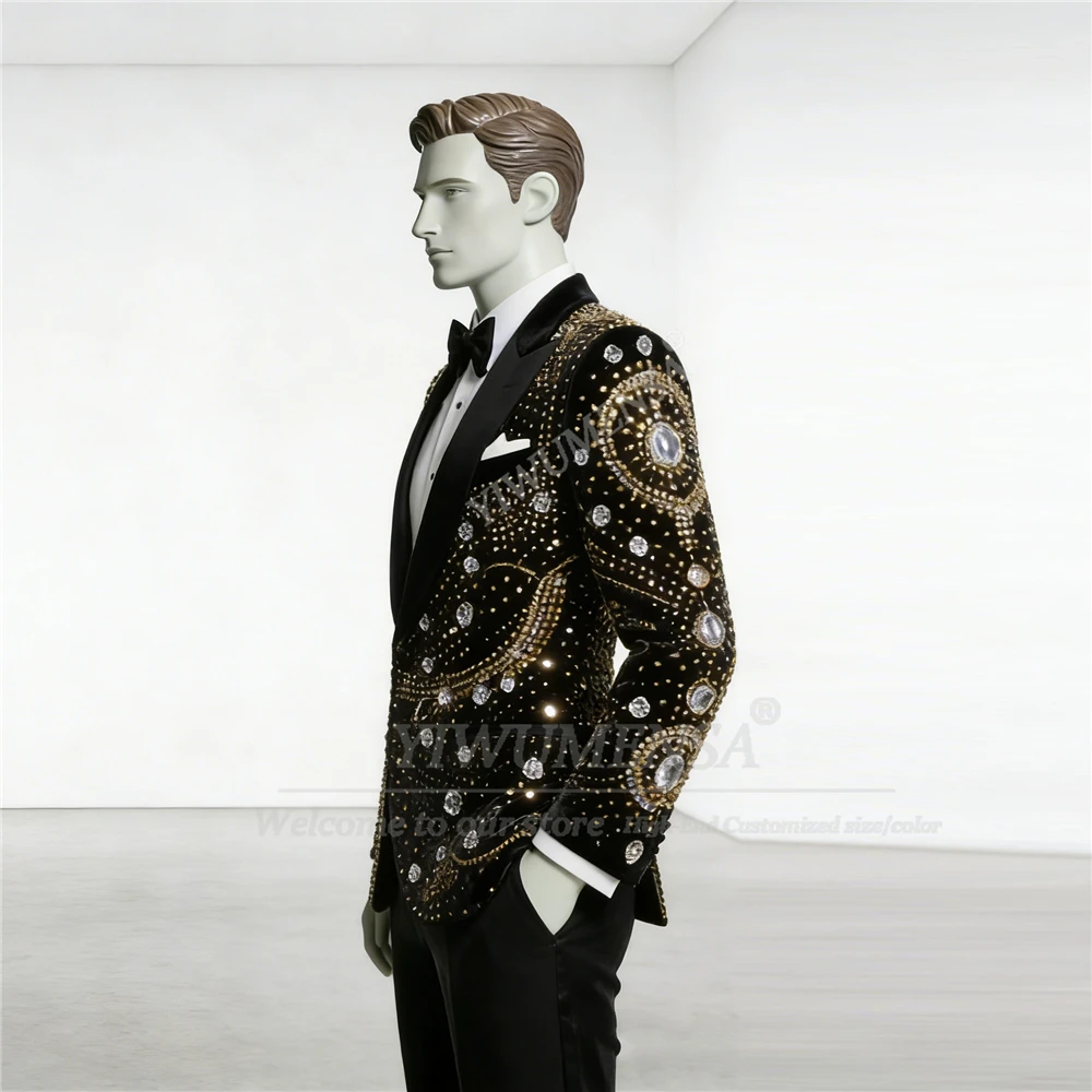 Exquisite Diamond Crystals Velvet Suit Men Slim Fit Single Breasted Prom Blazers Customized 2 Piece Set Beaded Wedding Tuxedos