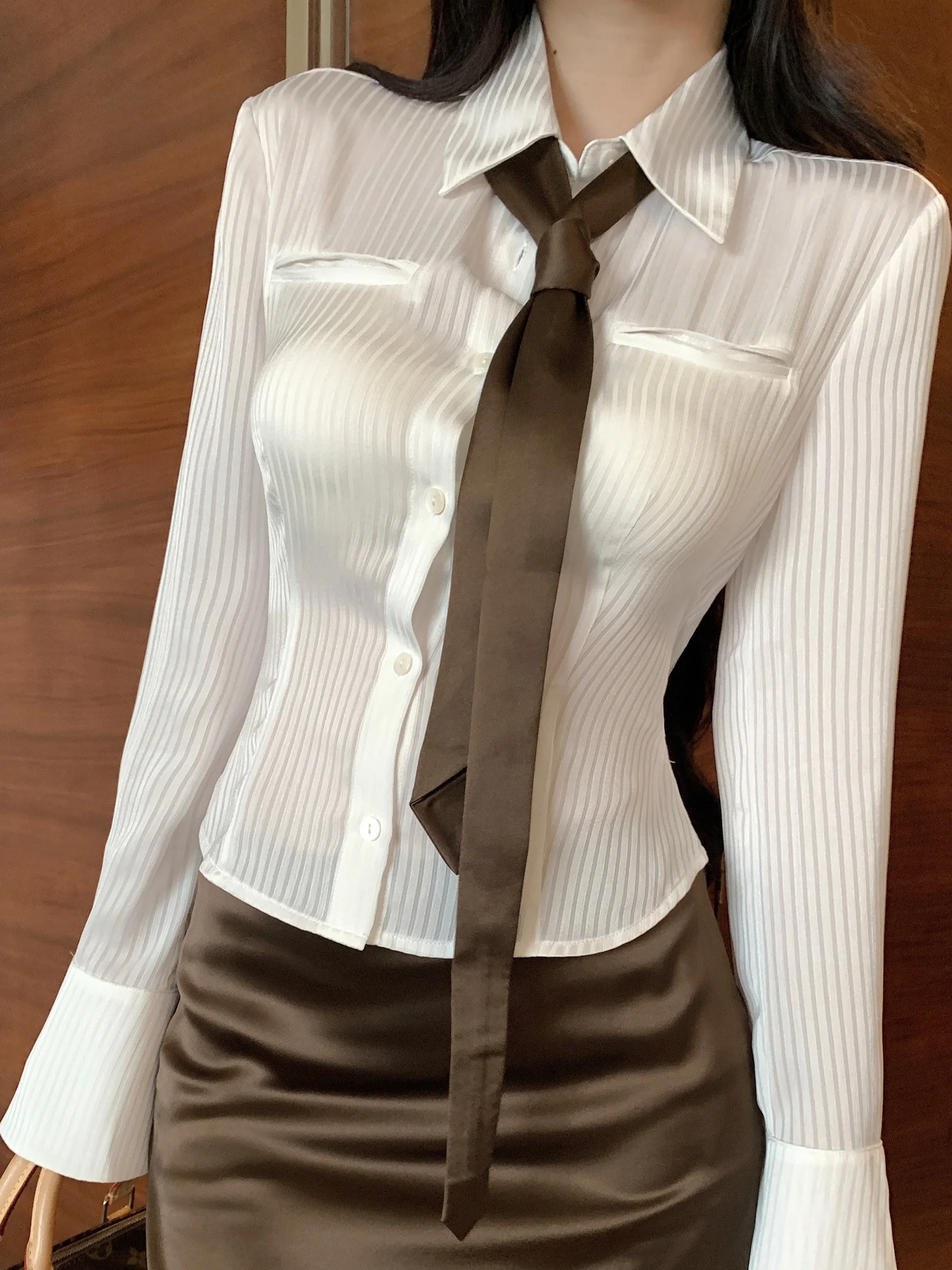 Set gonna ort in raso liscio di seta da donna Faionable Versatile irt Top e gonna Ensemble Autunno Inverno Vita snellente