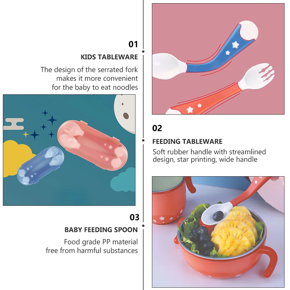 1 مجموعة المحمولة الاطفال أدوات المائدة مسننة شوكة ملعقة ناعمة مستديرة عدم الانزلاق تصميم لينة مقبض أدوات المائدة تغذية صحية للأطفال #5