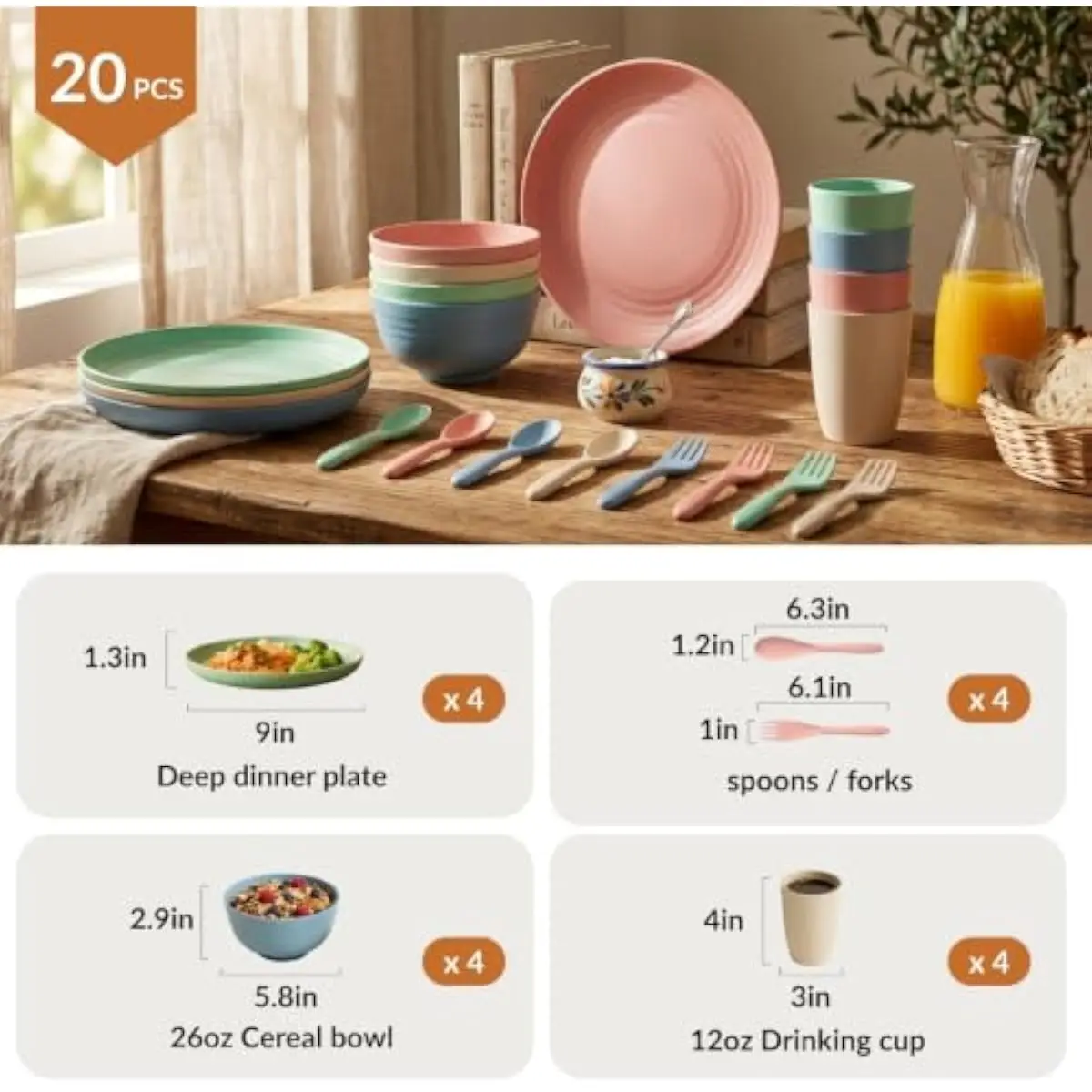 Wheat Straw Dinnerware Set 20 Pcs Includes Plates Cups Bowls Forks Spoons in Beige Pink Green Blue Smooth Edges Microwave Dishwa view 2