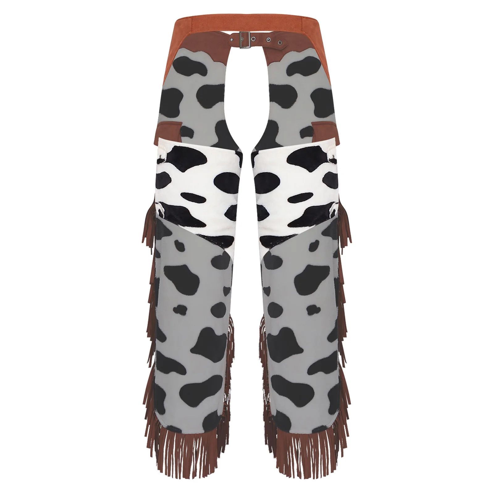 Womens Cowgirls Flannel Chaps Cowboy Costume Bottoms Cow Spot Print Side Tassel Hollow Out Adjustable Waist Assless Capri Pants view 6
