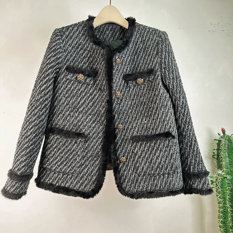 

Round Neck Twill Small Fragrant Style Casual Tassel Jacket for Women 2024 New High Quality Loose Down Lining Warm Tweed Coat