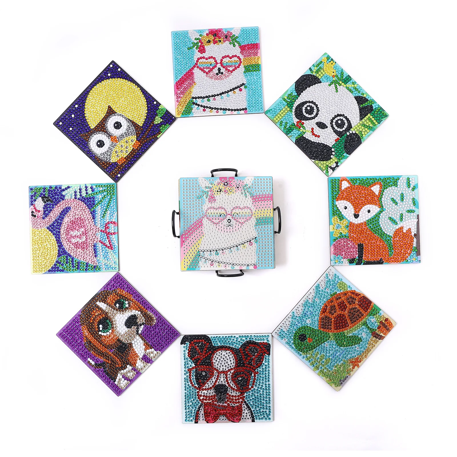 Hot Selling 8 Pieces Painted Animals Handmade DIY Square Wooden Spot Drill Thermal Insulation Anti Slip Coaster With Bracket