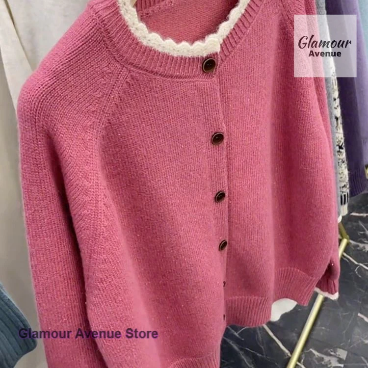 フレンチカラーマッチングレースニットカーディガンコートレディース秋冬新作ラウンドネックセータールーズ年齢軽減シックトップ