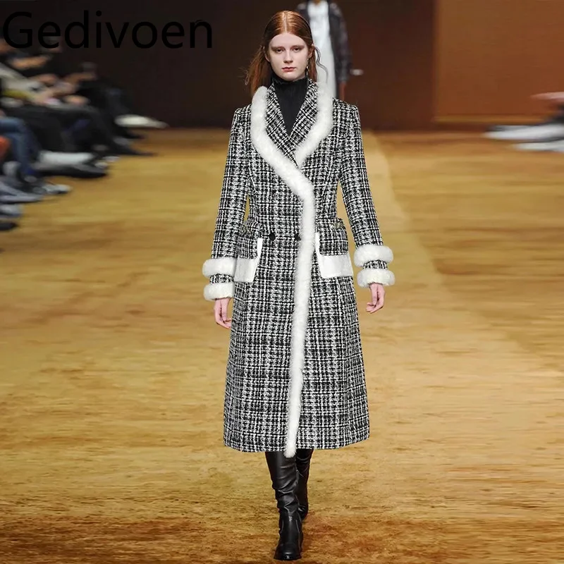 Gedivoen Autumn and Winter Women's Coat Double-breasted Long-Sleeved Pocket Crystal Plaid Vintage Elegant Overcoat