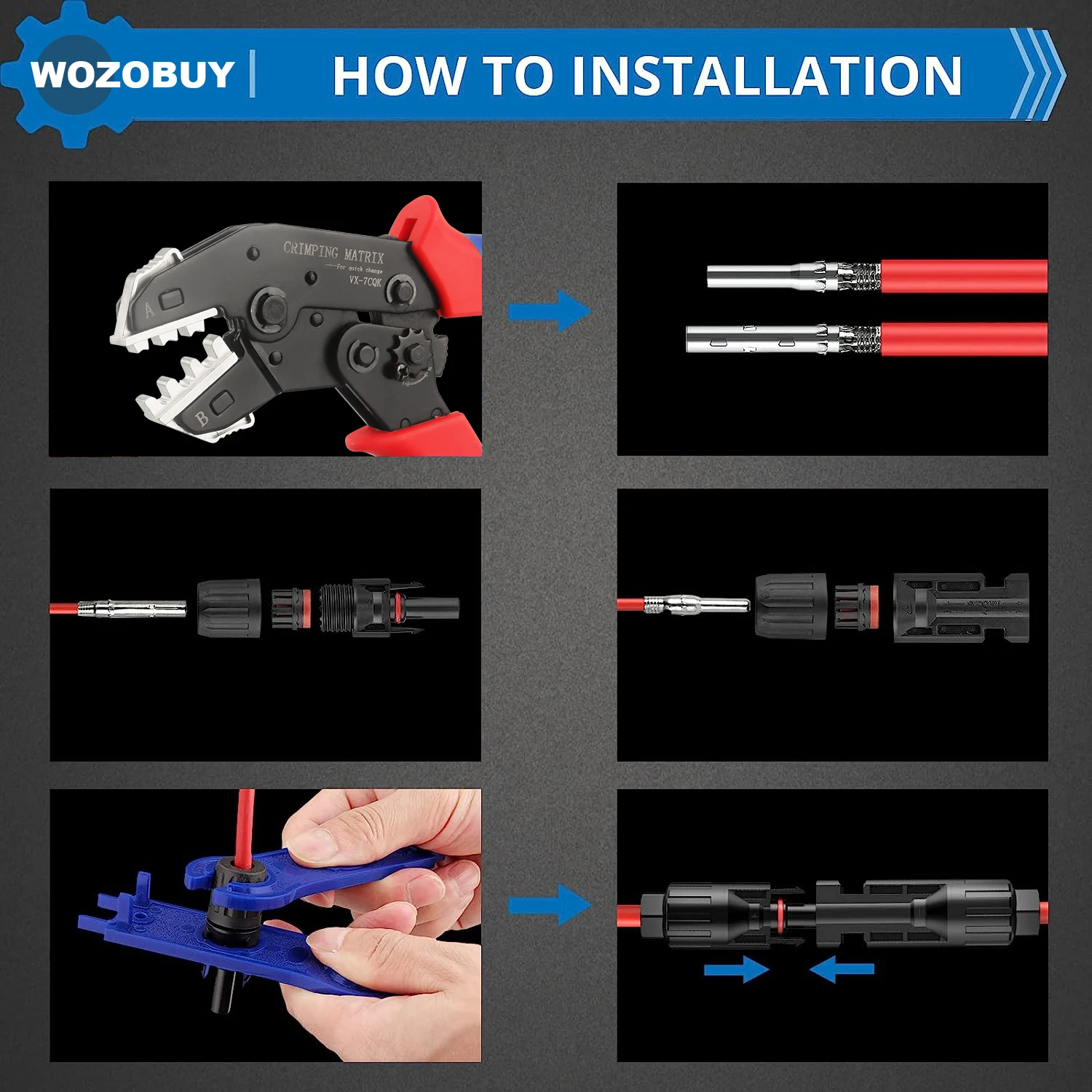 Solar Crimping Tool Set for 2.5 4.0 6.0 mm² Solar Panel PV Cable, Ratcheting Crimper for 8Pairs Male Female Insulated Terminal