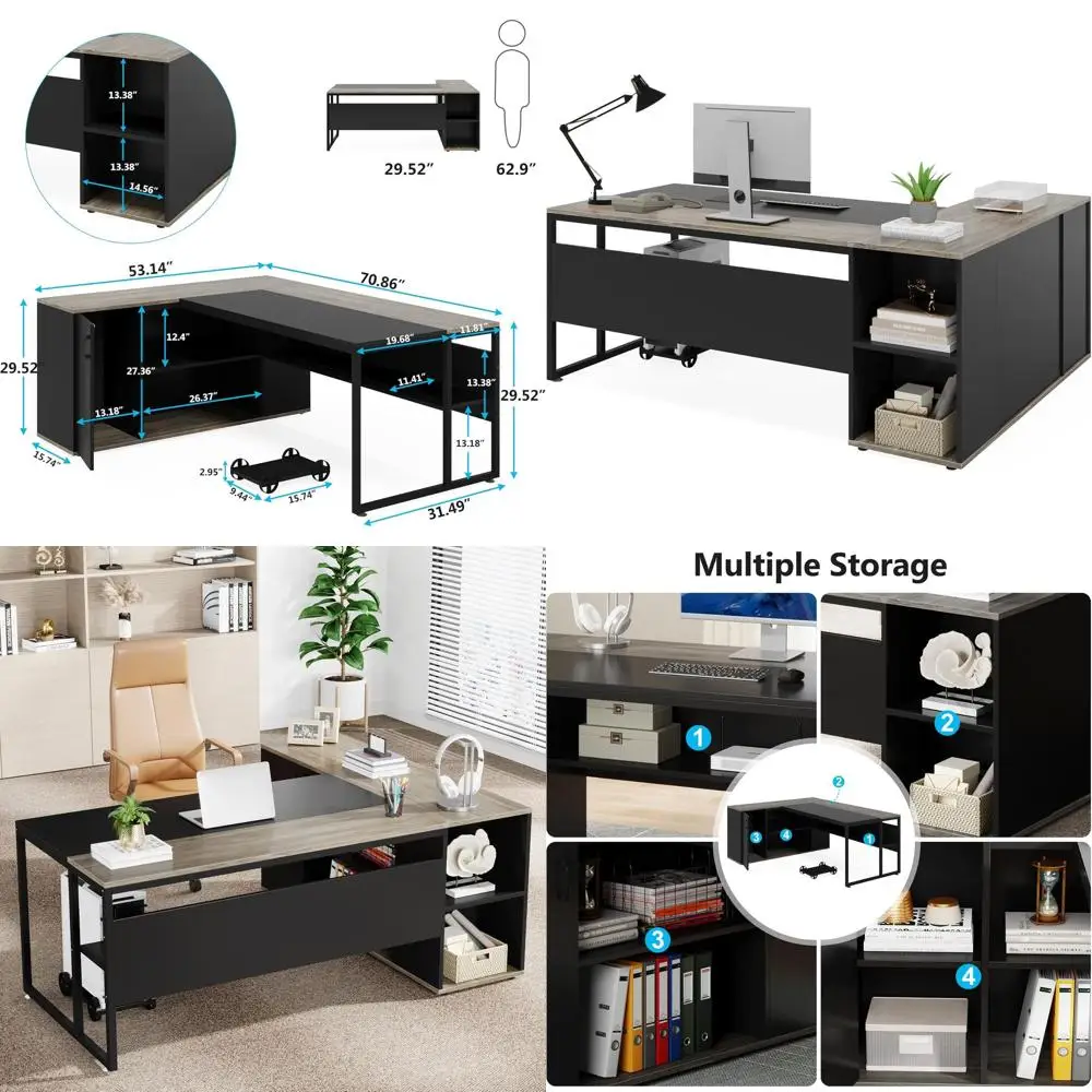 

Серый L-образный офисный стол 71 с тумбой и полками для дома или офиса