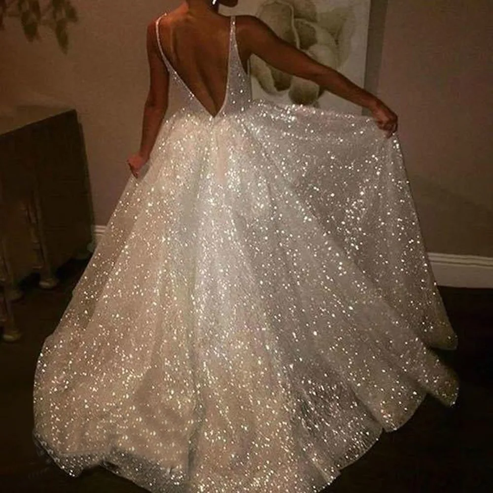 Elegant Bohemia Wedding Dresses Low-Cut V-Neck Glitter Sleeveless Bridal Gowns Shiny A-Line Bride Dress 2024 Female Maxi Dress