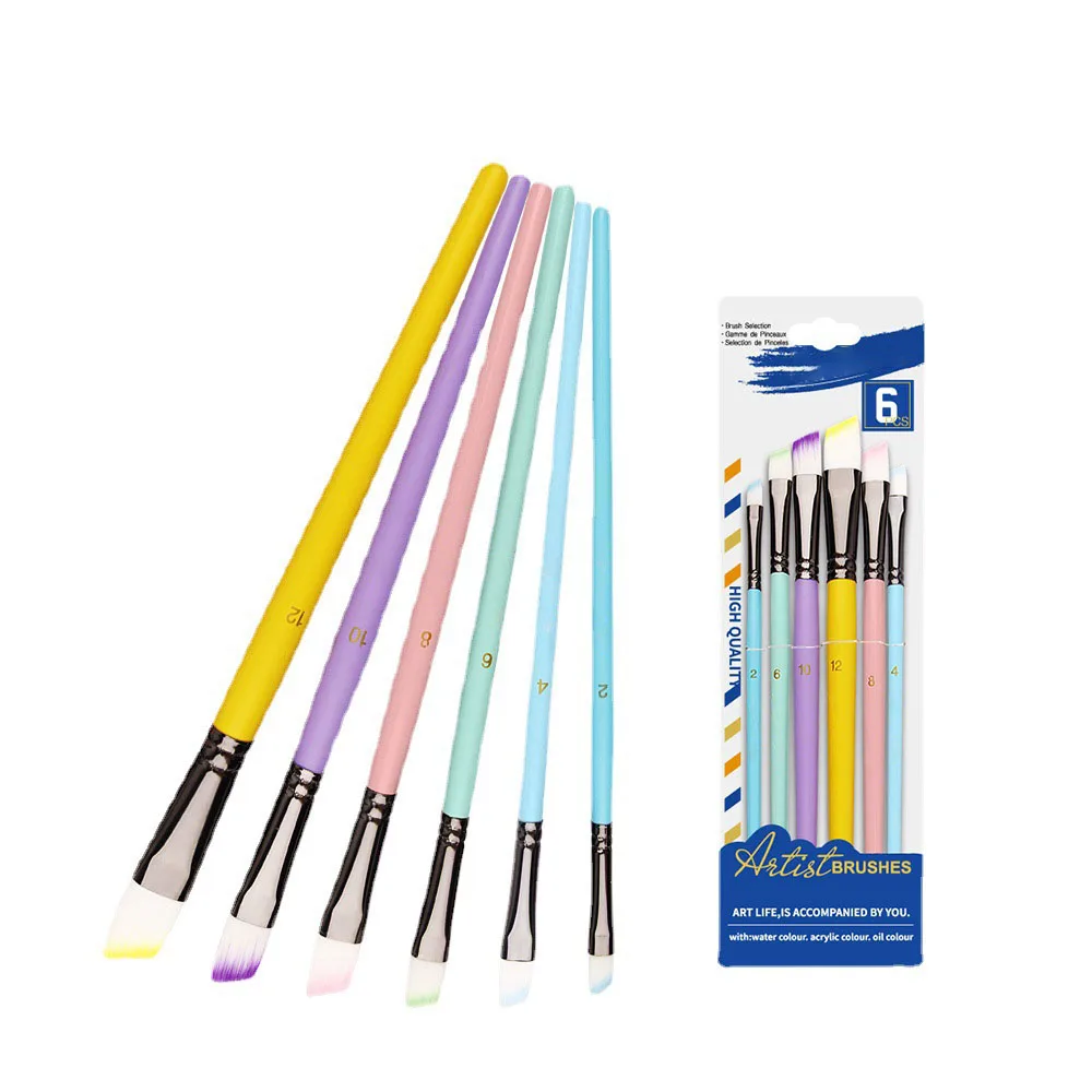 6 pcs Watercolor paint brush pen Set Macaron Nylon hair short wooden rod Brush Gouache Acrylic  Oil Painting art supplies