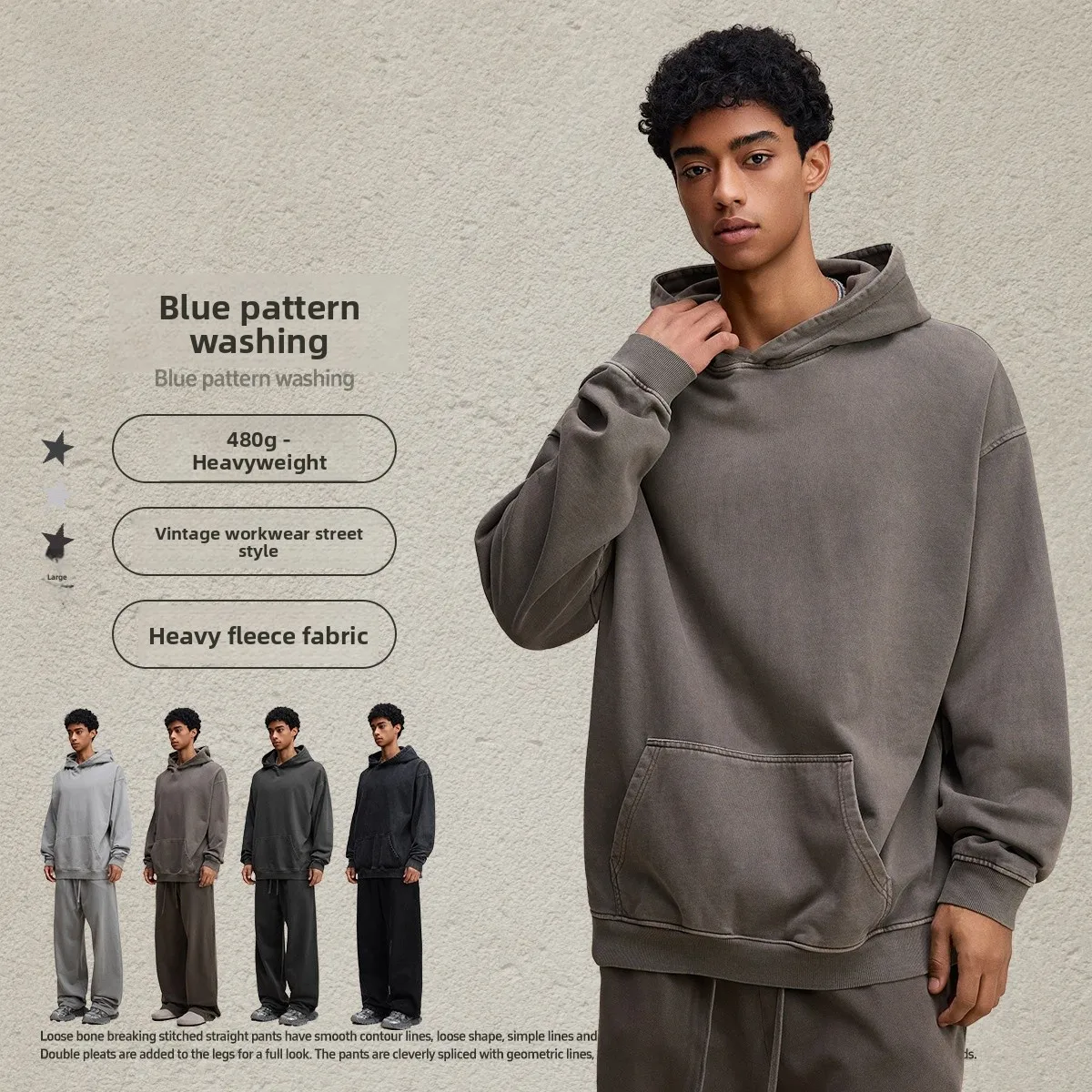 

Мужская свободная толстовка с капюшоном в стиле ретро, американского дизайна, из плотного хлопка с восковым окрашиванием, синим узором, повседневная, комфортная, утепленная