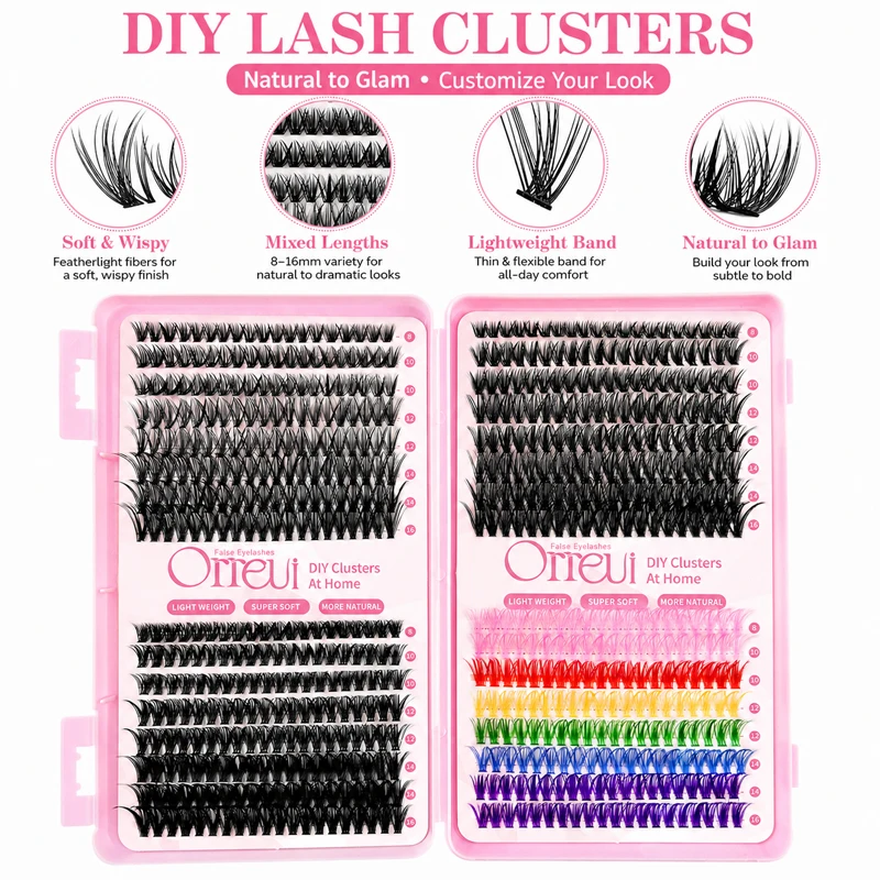 Black & Colored Lash Clusters 8-16mm Mixed Length DIY Individual False Eyelashes Soft Wispy Volume for Festival Party Makeup Set