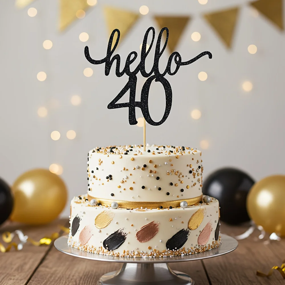 1 adorno para pastel negro con purpurina 'Hola 40', decoraciones para fiesta de cumpleaños número 40, letreros para pastel '¡Viva los 40 años', cumpleaños premium