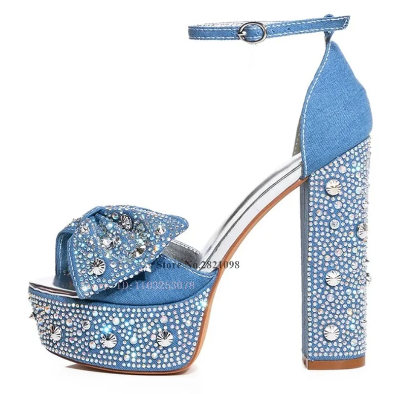 Bow Knot Chunky High Heels Peep Toe Blue Denim Rhinestone Ankle Strap Platform Sandals Women Heeled Wap Ladies Summer Prom Shoes