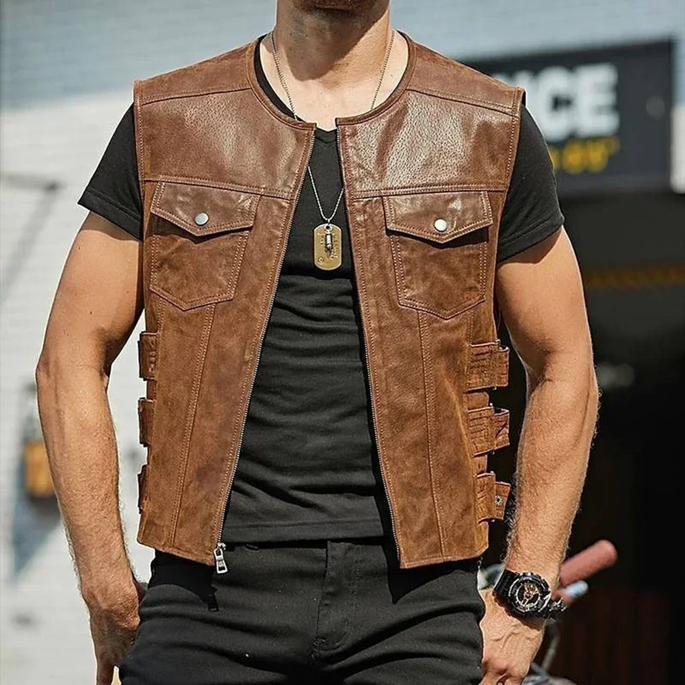 New Men\'s Motorcycle Biker Faux Leather Vest Jacket Waistcoat Solid Color Zip Up Vest Tops Male Clothing Streetwear