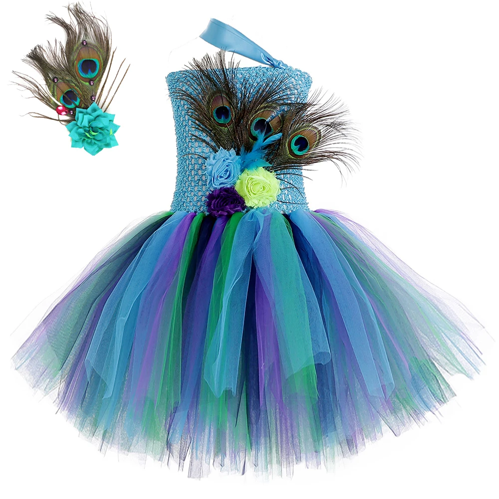 

Flower Peacock Feather Tutu Dress for Girls Birthday Party Outfit Kids Christmas Halloween Costumes Princess Fancy Dresses