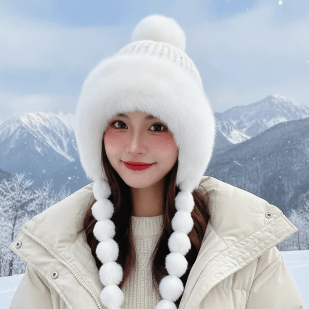 Fleece Lined Pompom Braids Hat Fur Brim Striped Knit Fleece Knit Beanie Thermal Soft Yarn Earflap Winter Cap Commute