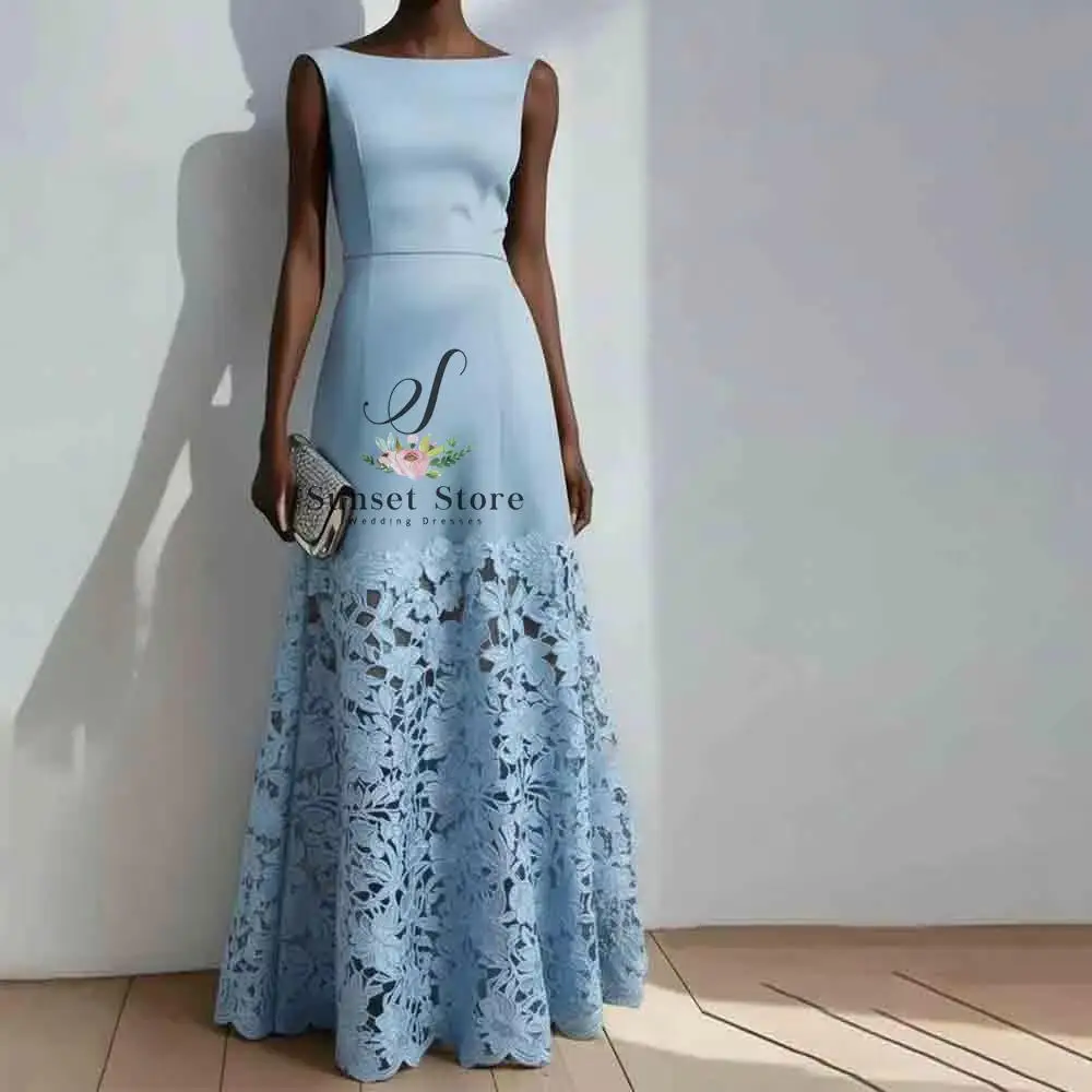 Customized  Dress Light Blue Boat Neck Maxi Dress  Slim Fit Formal Evening Gown for Wedding Guest