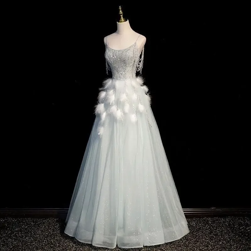 Frauen Prinzessin Abend Party Kleid Elegante Ärmel Sling Applikationen Feder Ärmelloses Abendkleid Angepasst Bankett Kleid Ball