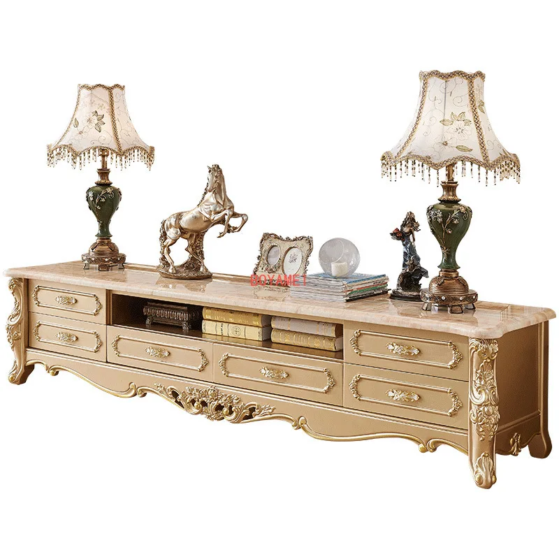 European TV cabinet tea table combination marble surface set  gold baking paint solid wood carved living room floor cabinet