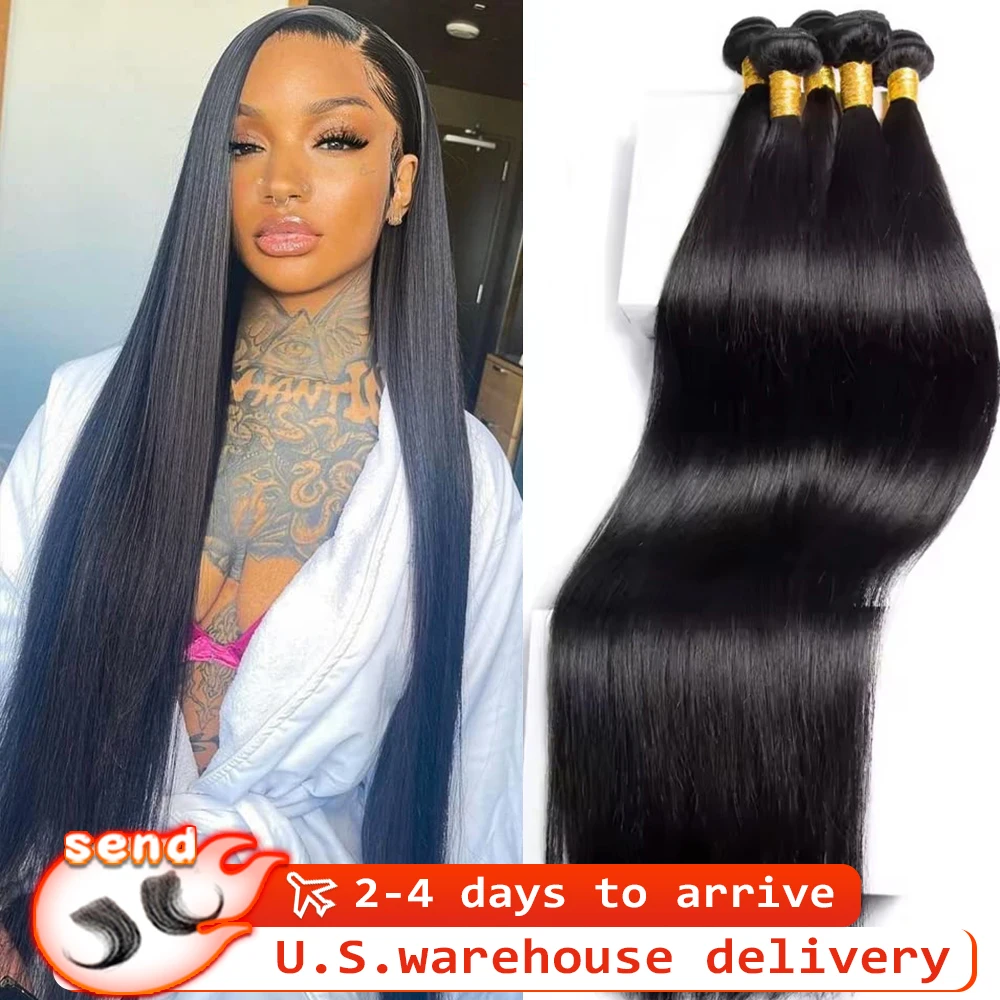 

40 50-дюймовые прямые пучки человеческих волос, класс 14/16А, 100% необработанные девственные двойные утки, необработанные пучки плетения волос