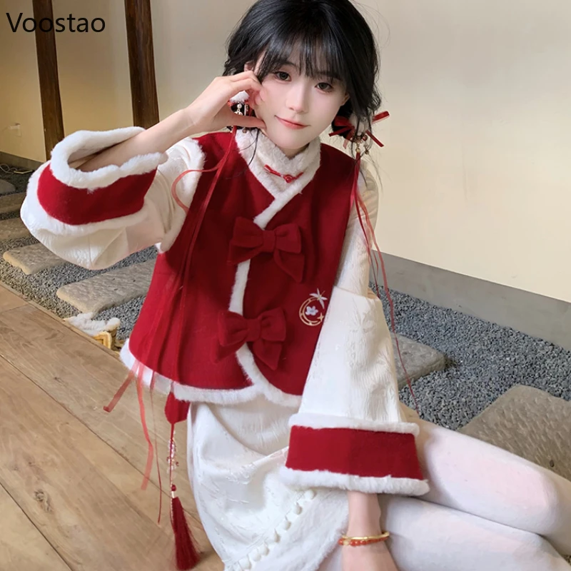 Chinese Style Lolita Dress Set Women Vintage Rabbit Embroidery Red Vest Mini Dress Suit Female Sweet Waistcoat Cheongsam Dresses