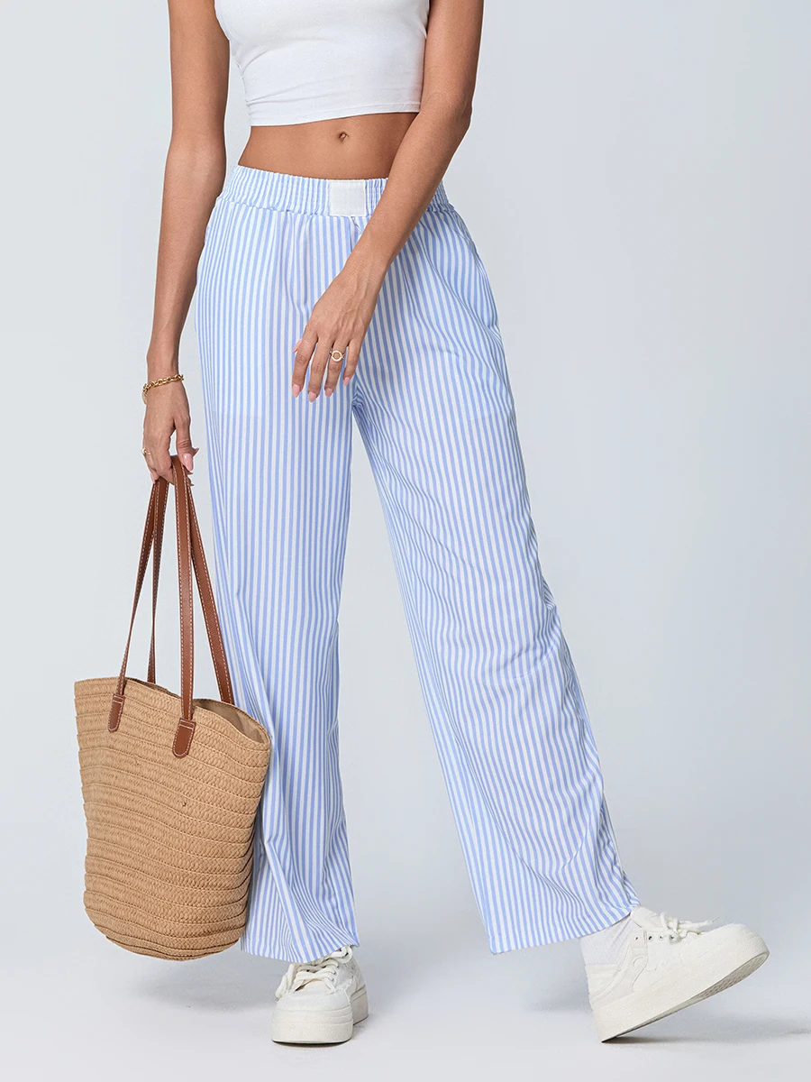 

wsevypo Women's Mid Elasticband Straight Leg Pants Casual Loose Fit Long Trousers for Streetwear Striped Lounge Bottoms