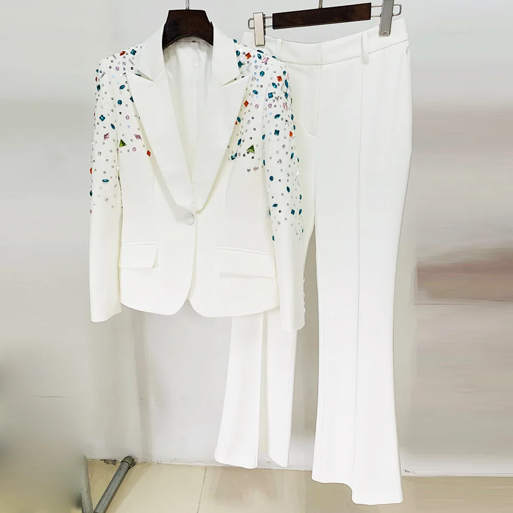 2025 Fashion New Heavy Industry Nail Bead Color Diamond Slim Fit Suit Jacket Micro Flared Pants Set, Two Pieces