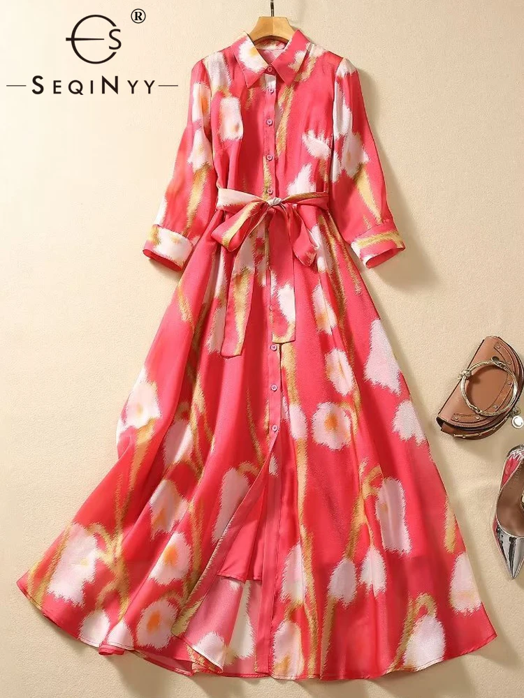 

SEQINYY Red Shirt Dress Summer Spring New Fashion Design Women Runway Half Sleeve Vintage Print Casual Belt High Street