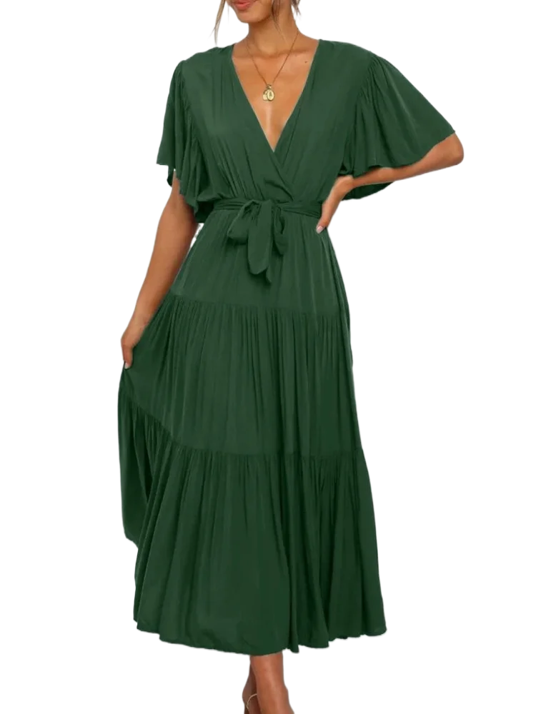 Abiti da festa eleganti con scollo a V con lacci Boho da donna Primavera Estate Nuovo abito longuette francese pieghettato solido maniche corte con orlo grande