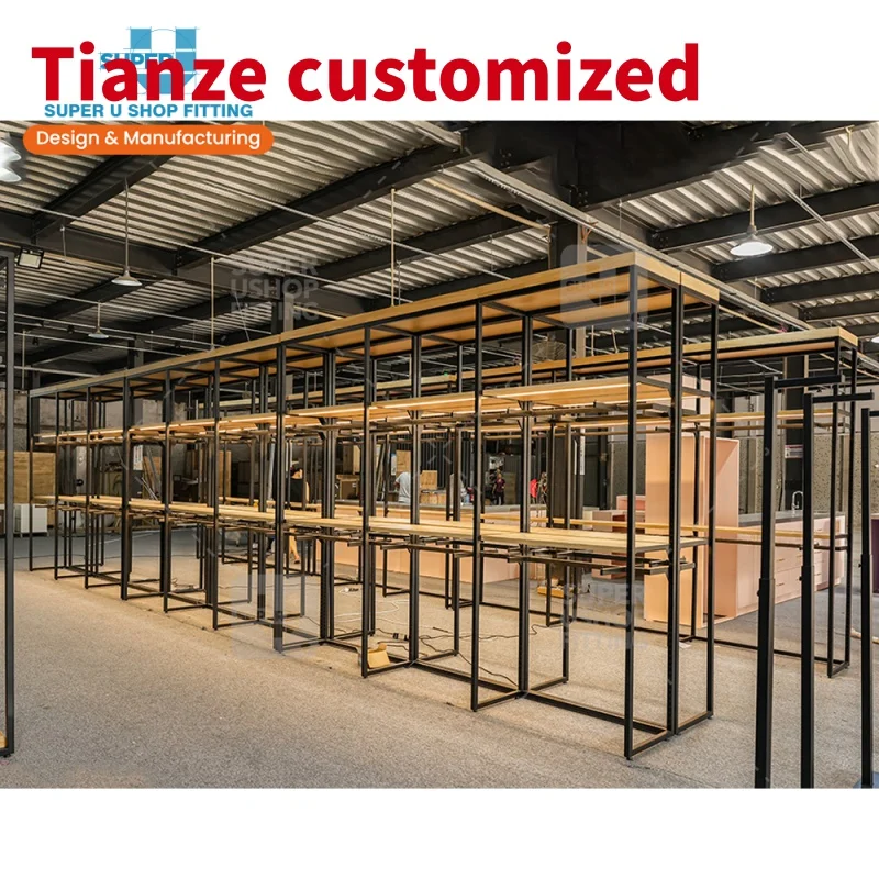 

(customized)Custom Clothing Store Display Furniture High End Stainless Steel Wooden Clothes Display Racks Shelf Clothing Sho