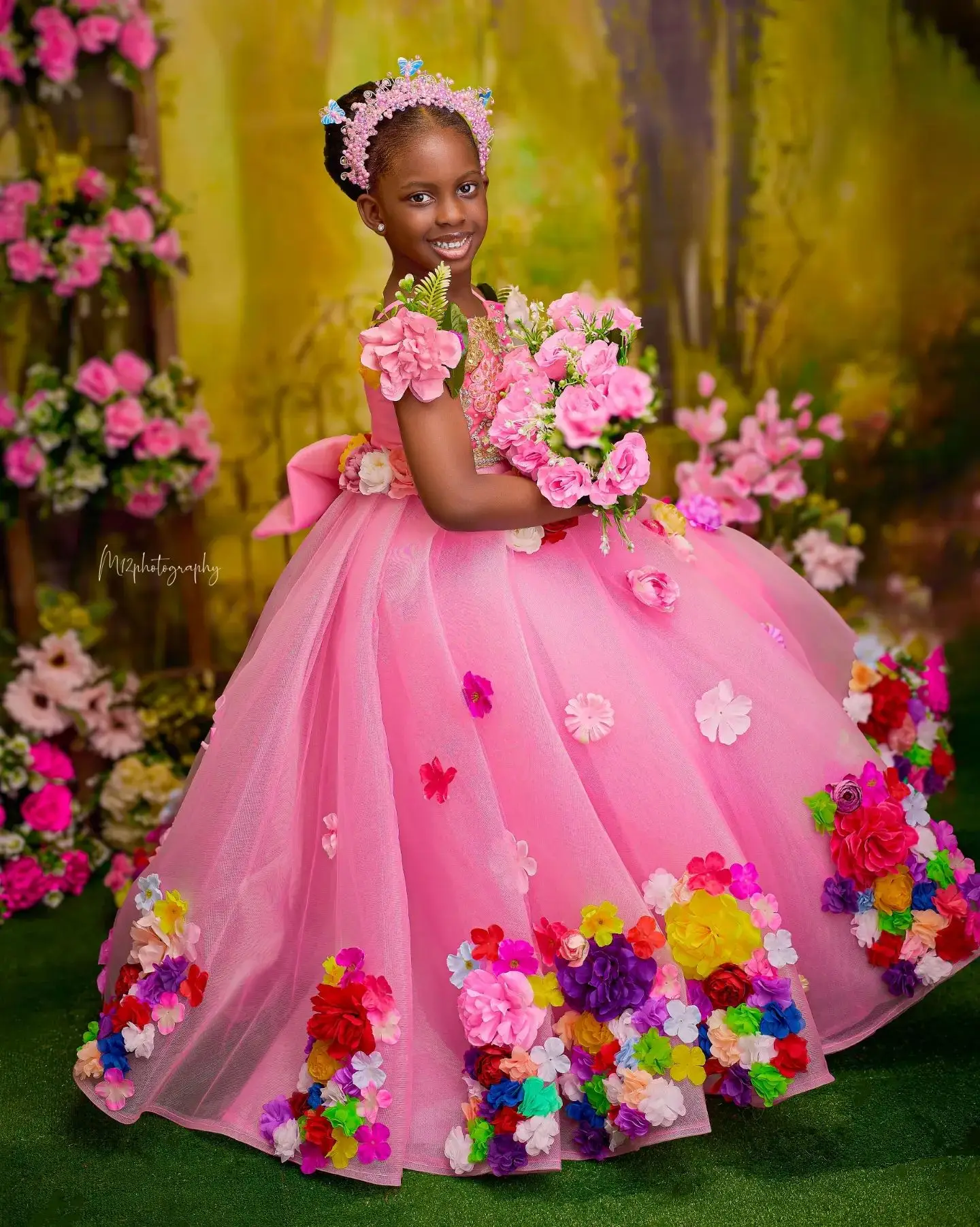 Luxury Pink Kids Birthday Dresses Colorful Big Flower Girl Dresses for Wedding Baby Girls Prom for Photoshoot