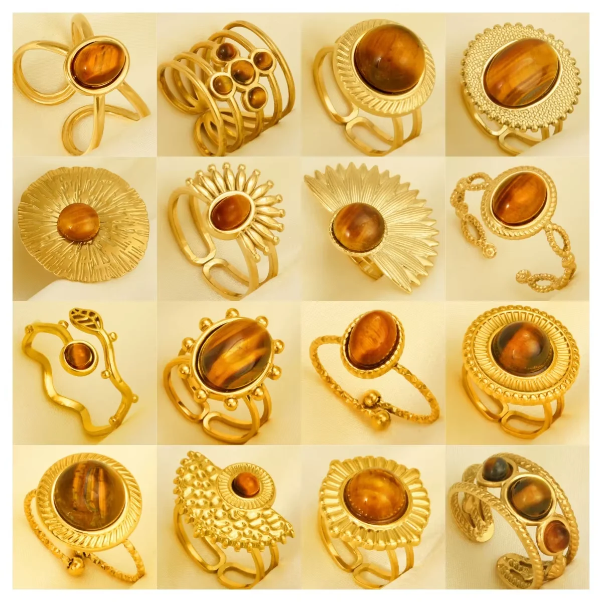 1pc New Retro Bohemia Stainless Steel Brown Tiger Stone Ring Gold Color Originality Sun Oval Peach Heart Adjustable Accessories