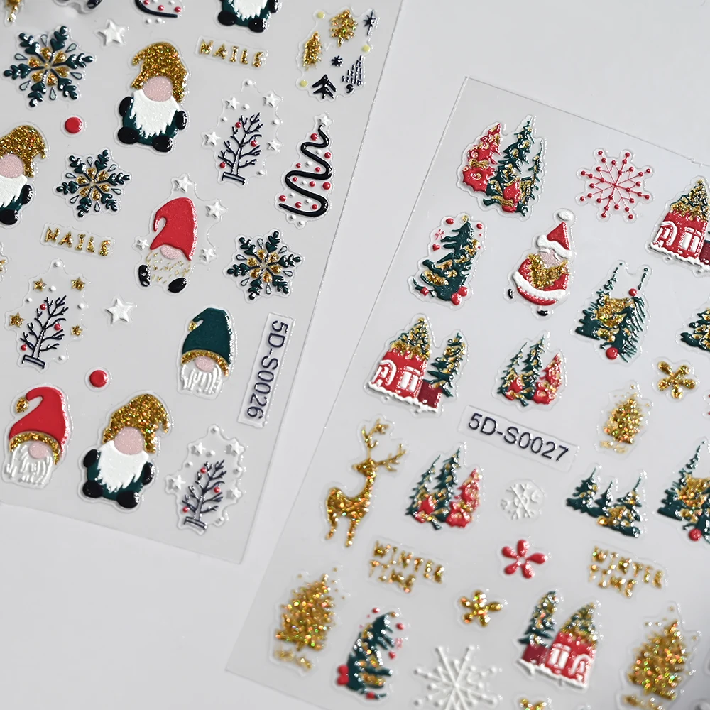 5D 크리스마스 반짝이는 만화 네일 스티커 눈송이/산타클로스/크리스마스 트리/노움 접착 네일 데칼 매니큐어 장식