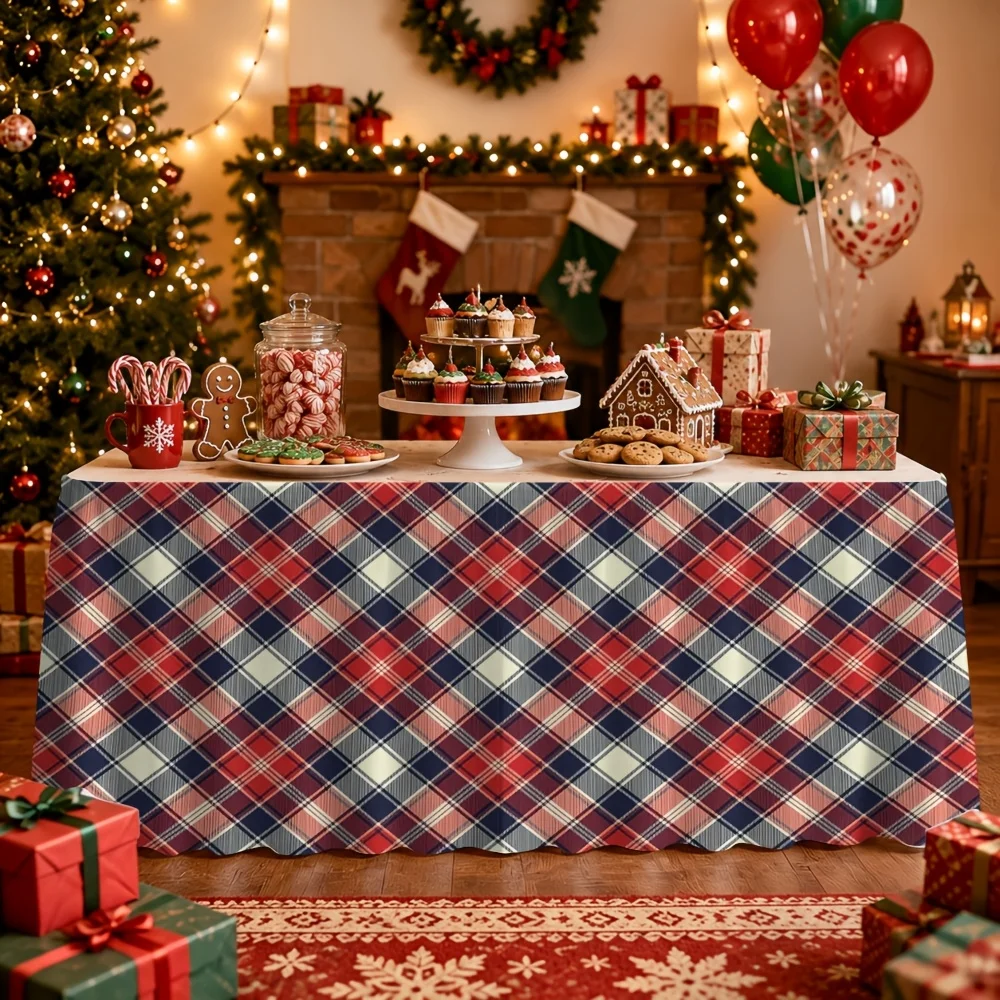 1 red and blue plaid printed table cover skirt for party events, kitchen and dining room decorations