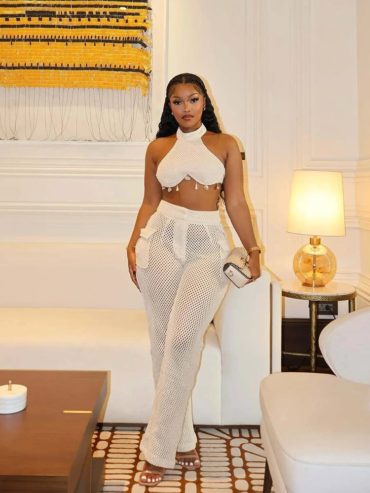 

Summer Women Clothes New Two Piece Set Streetwear Sexy Halter Top and Pant Set Transparent Mesh Outifts Wholesale Dropshipping
