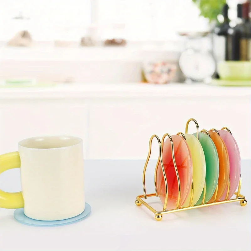 

7pcs/set Round Acrylic Coaster with Metal Holder for Protect Table Countertop Desk Cold Hot Drink Coffee Tea Kitchen Home Decor