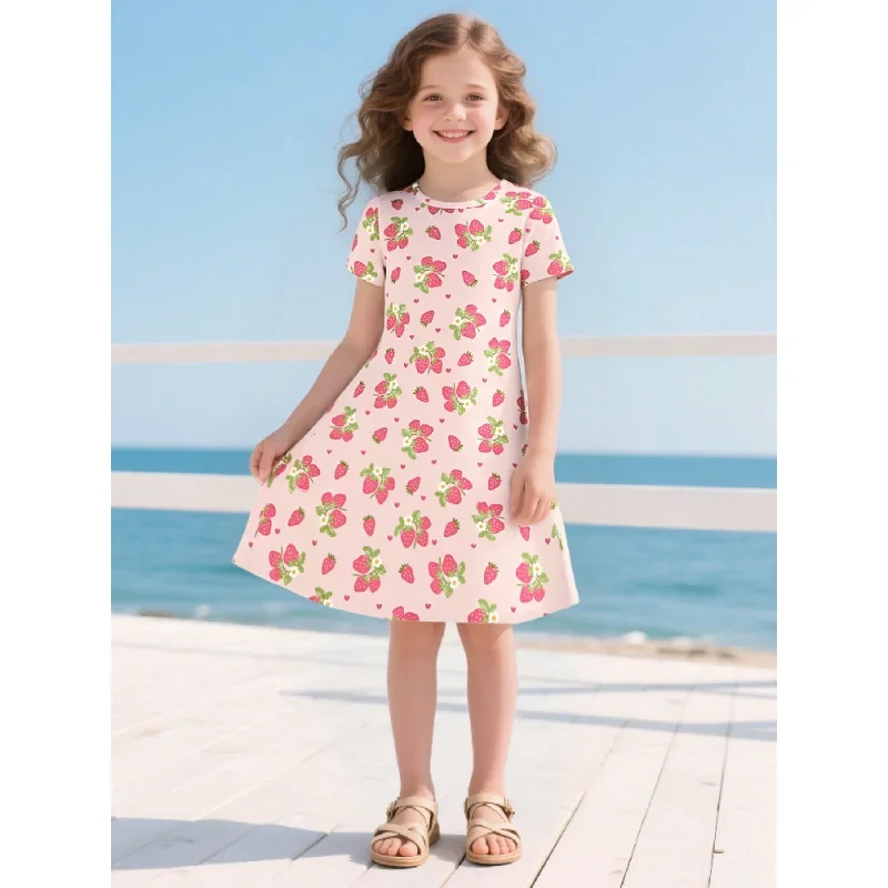 

2025 spring and summer girls strawberry print short-sleeved dress, sweet pink children's A-shaped dress