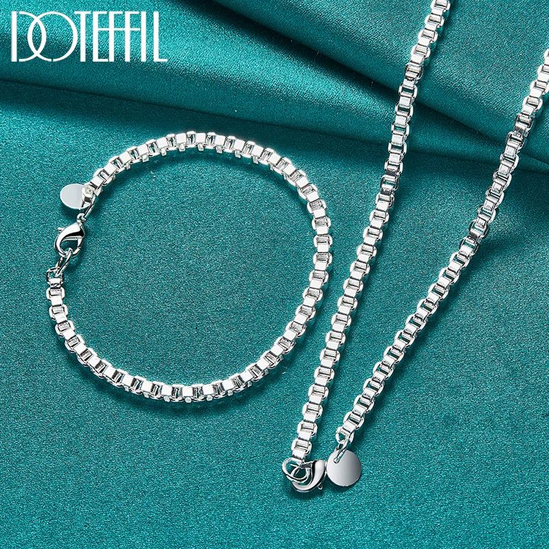 

DOTEFFIL 2pcs 925 Sterling Silver 4mm Round Box Chain Bracelet Necklace Sets For Man Women Wedding Engagement Party Jewelry