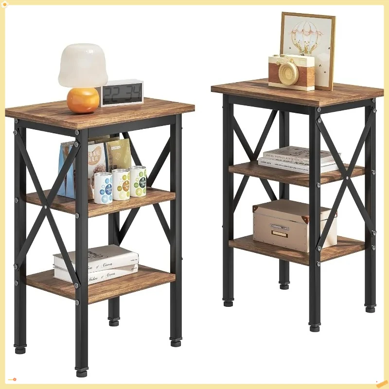 Conjunto de mesa final de 2, mesa de cabeceira, mesas auxiliares de sala de estar de 24" de altura, mesa lateral com prateleiras de armazenamento de 3 camadas