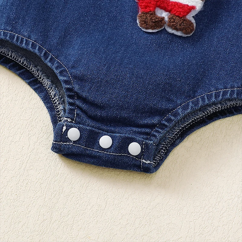 Baju monyet Denim bayi laki-laki perempuan, pakaian natal bodysuit bertali tanpa lengan sulaman pohon Natal Anak laki-laki dan perempuan