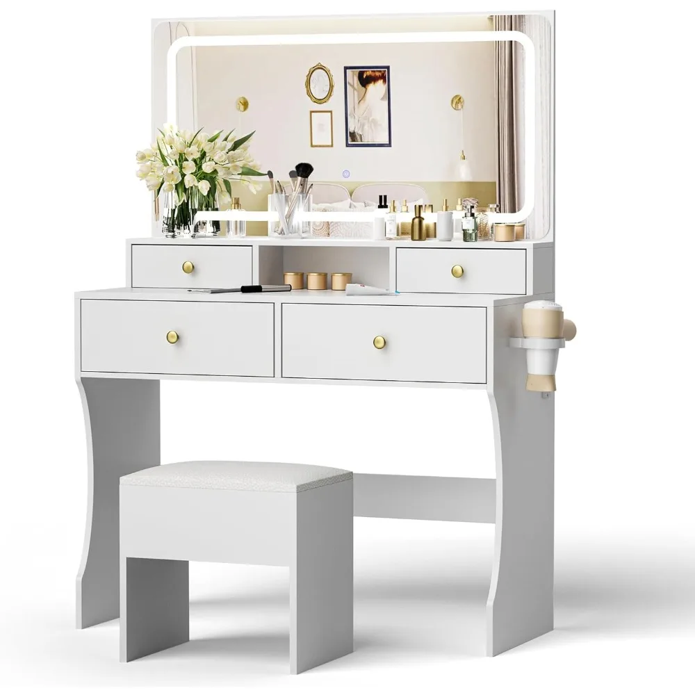 

Golden Handles Vanity Desk with Mirror and Lights, 4 Drawers Makeup Vanity with Charging Station, 3 Lighting Modes Upgraded Sil