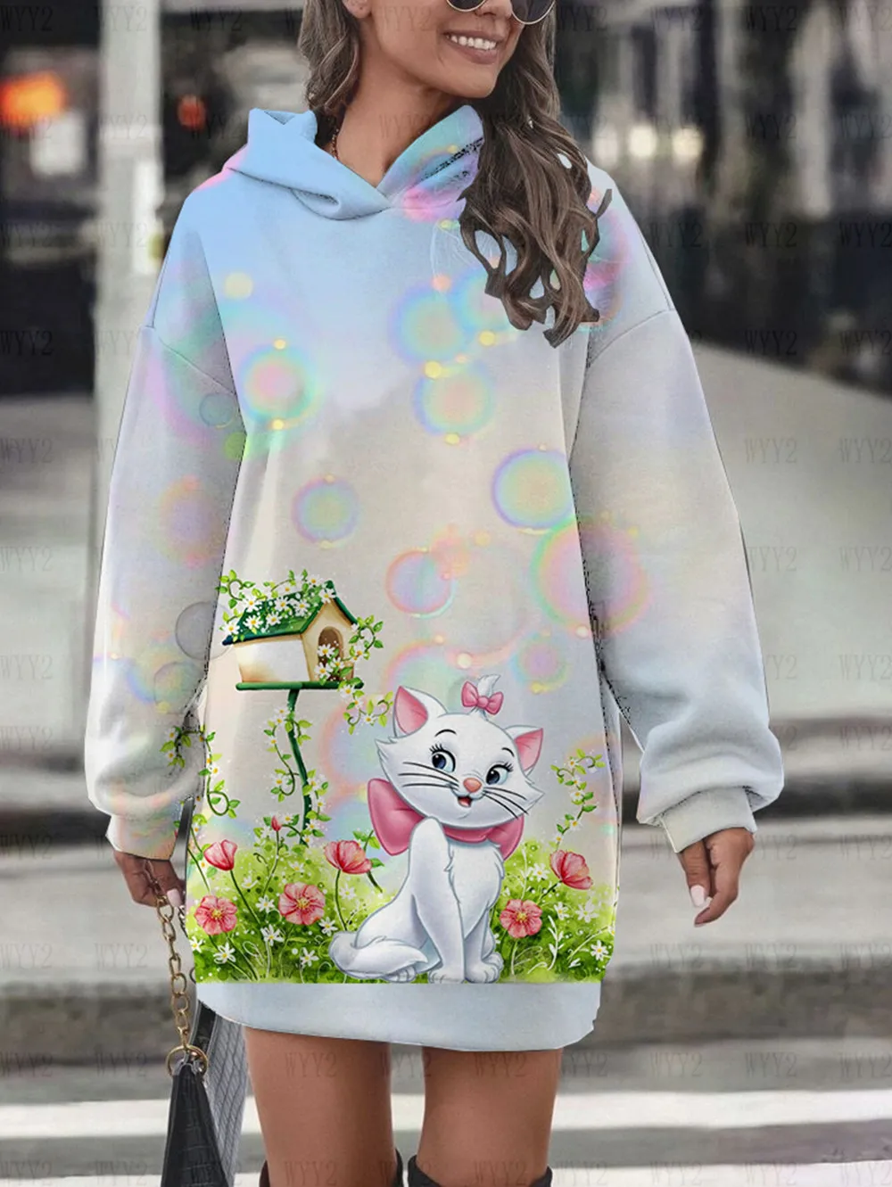 2024 baru Disney Marie kucing pullover lengan panjang gaun hoodie print kasual gaya jalan musim gugur dan musim dingin rok bertudung