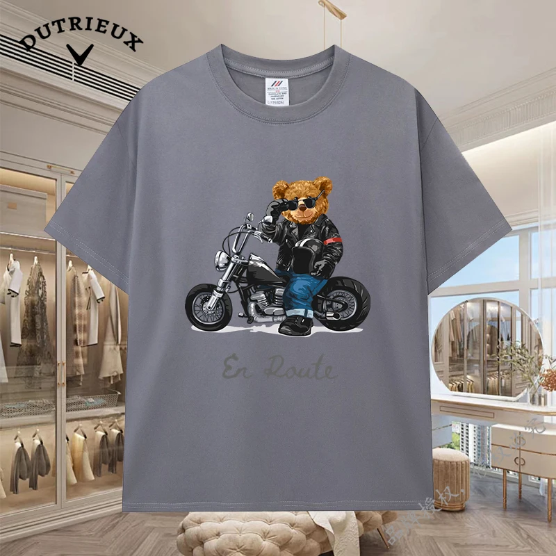 2024 New Luxury Bear Short Sleeved Men's and Women's Loose 230g Fabric weight Cotton Versatile Round Neck Breathable Inner Layup