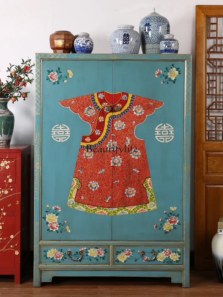 New Chinese solid wood antique hand-painted retro old Ming and Qing classical paint cabinet with clothes pole